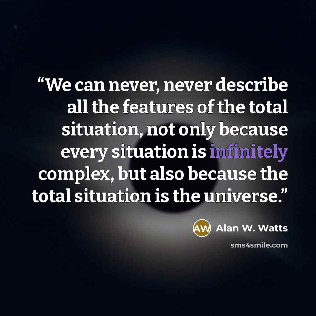 “We can never, never describe all the features of the total situation, not only because every situation is infinitely complex, but also because the total situation is the universe.” quote by Alan W. Watts
