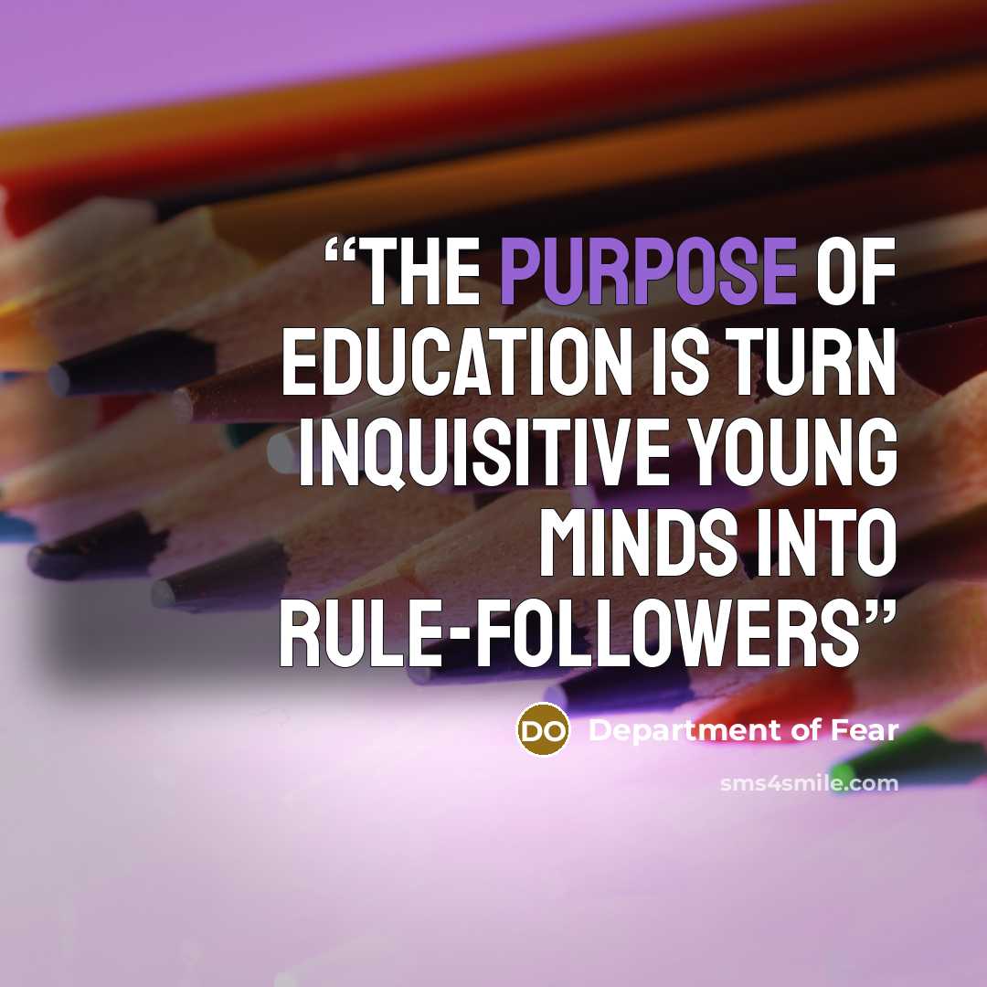“The purpose of education is turn inquisitive young minds into rule-followers” quote by Department of Fear