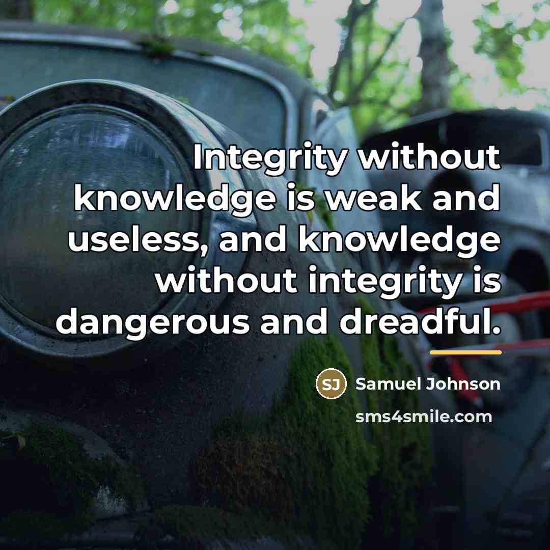 “Integrity without knowledge is weak and useless, and knowledge without…” quote by Samuel Johnson