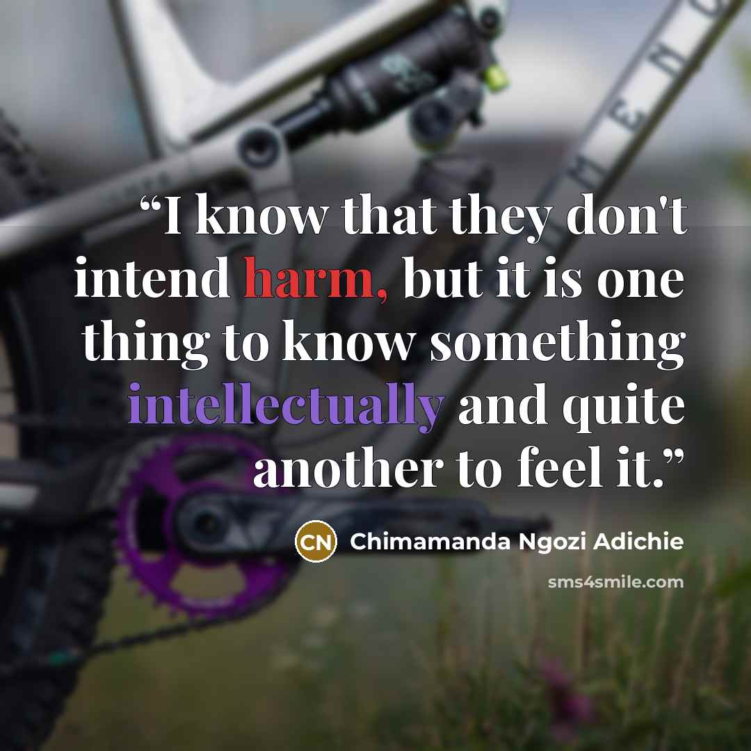 “I know that they don't intend harm, but it is one thing to know something intellectually and quite another to feel it.” quote by Chimamanda Ngozi Adichie