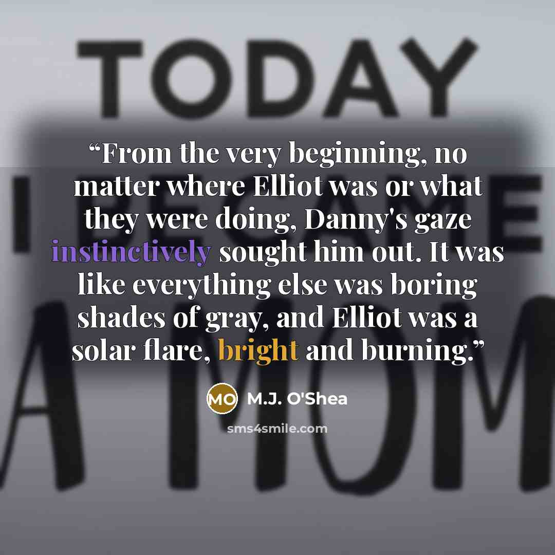 “From the very beginning, no matter where Elliot was or what they were doing, Danny's gaze instinctively sought him out. It was like everything else was boring shades of gray, and Elliot was a solar flare, bright and burning.” quote by M.J. O'Shea