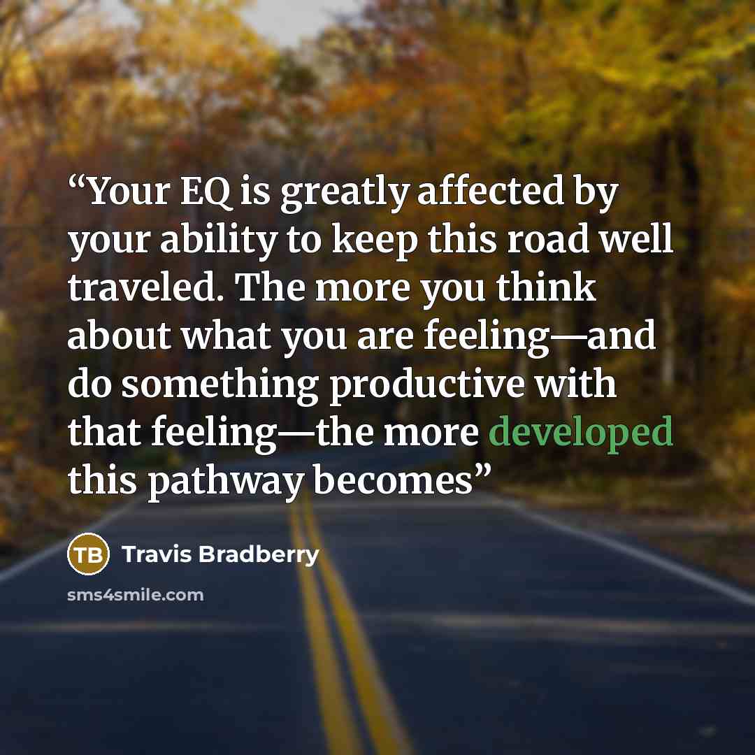 “Your EQ is greatly affected by your ability to keep this road well traveled. The more you think about what you are feeling—and do something productive with that feeling—the more developed this pathway becomes” quote by Travis Bradberry