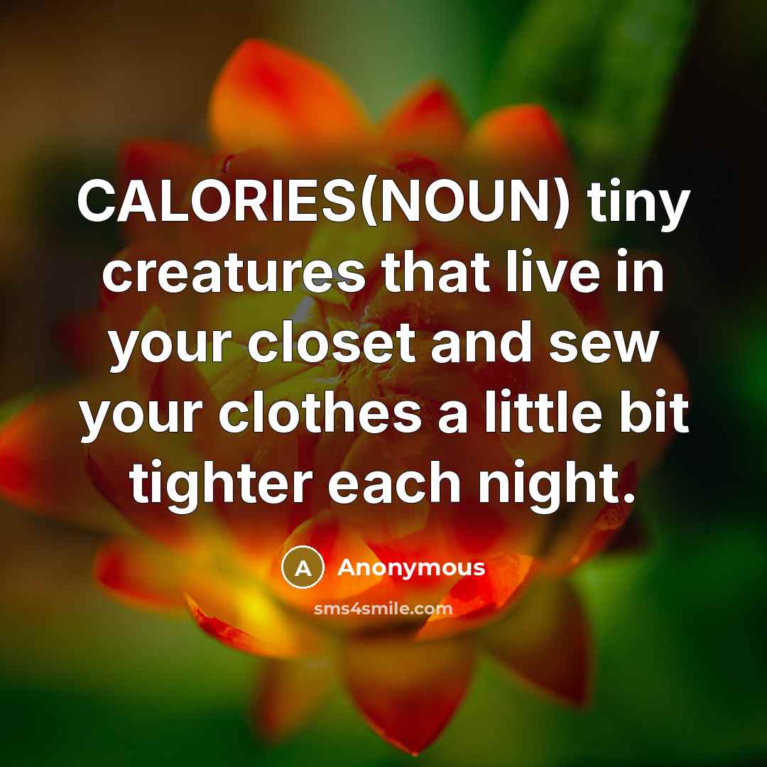 “CALORIES(NOUN) tiny creatures that live in your closet and sew your clothes a little bit tighter each night.” quote by Anonymous