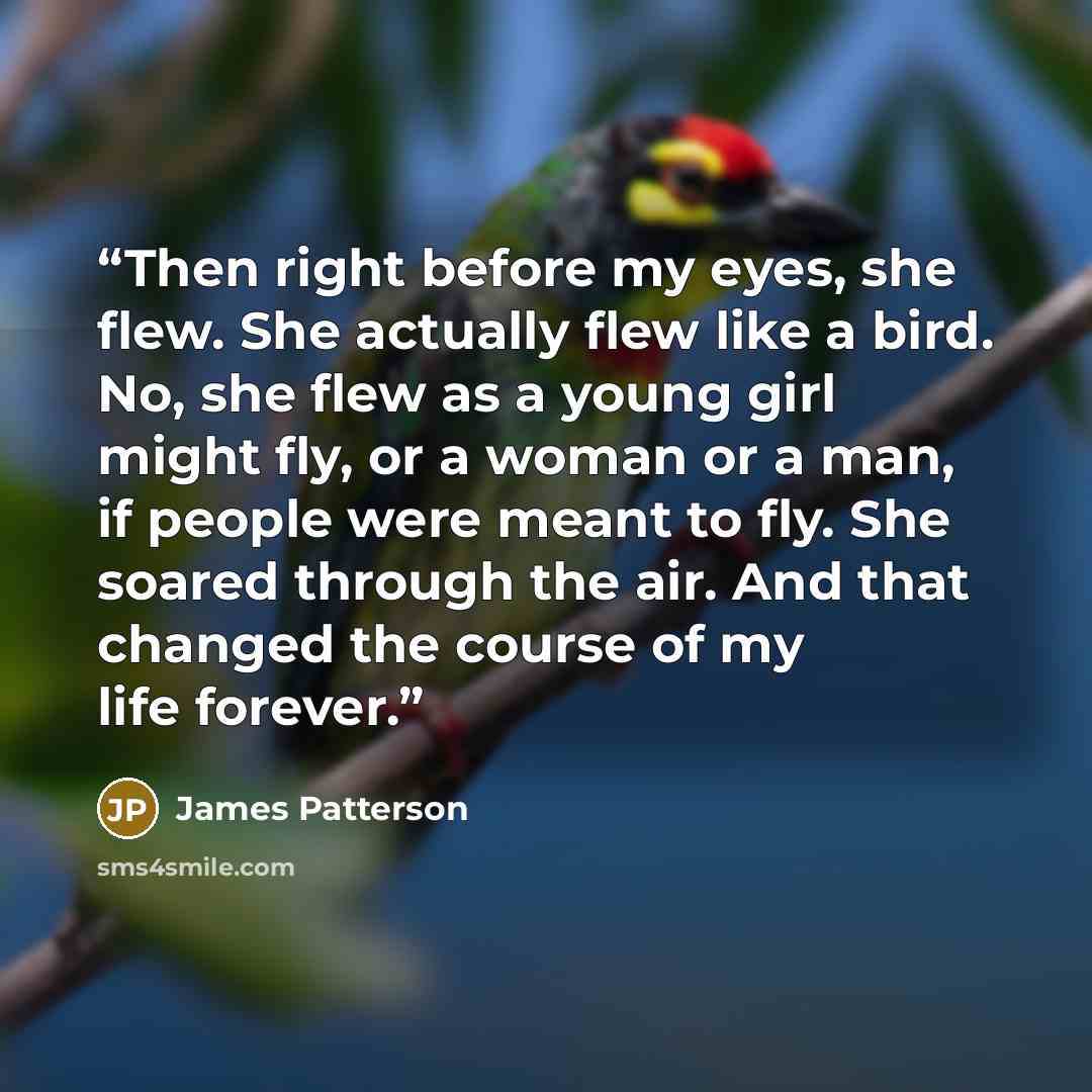 “Then right before my eyes, she flew. She actually flew like a bird. No, she flew as a young girl might fly, or a woman or a man, if people were meant to fly. She soared through the air. And that changed the course of my life forever.” quote by James Patterson
