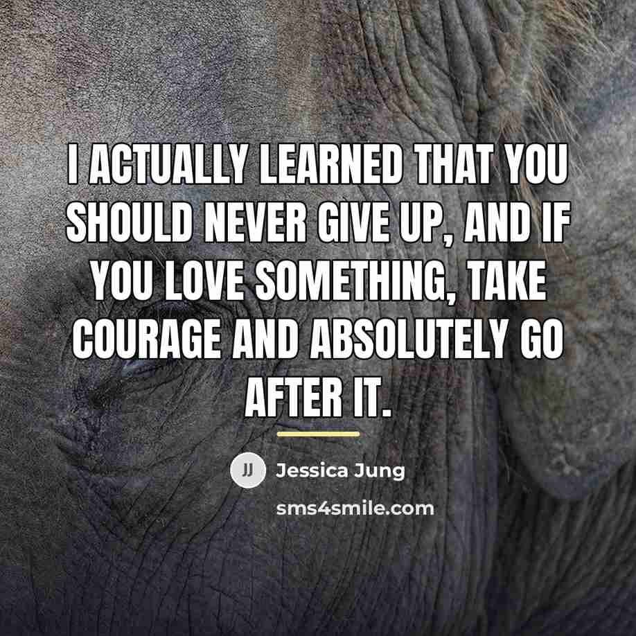 “I actually learned that you should never give up, and…” quote by Jessica Jung
