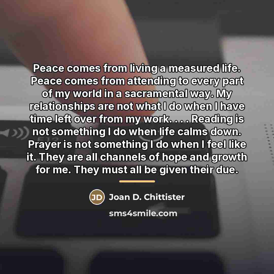 “Peace comes from living a measured life. Peace comes from…” quote by Joan D. Chittister