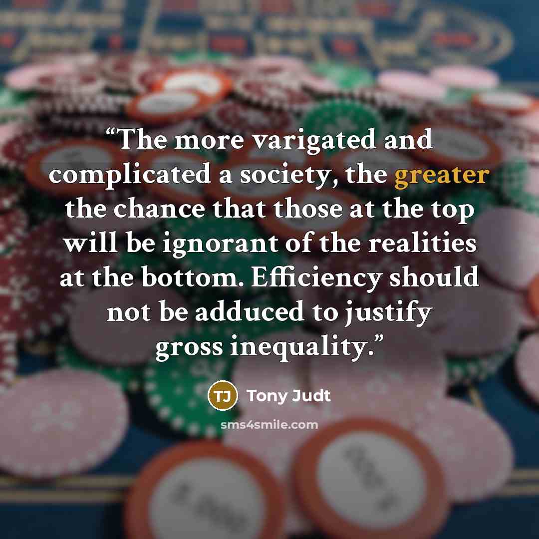 “The more varigated and complicated a society, the greater the chance that those at the top will be ignorant of the realities at the bottom. Efficiency should not be adduced to justify gross inequality.” quote by Tony Judt