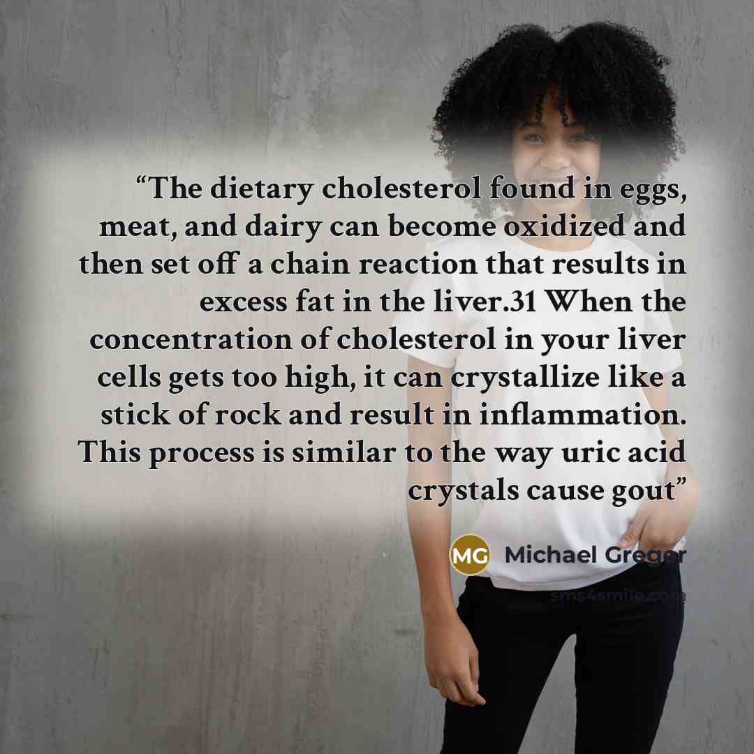 “The dietary cholesterol found in eggs, meat, and dairy can become oxidized and then set off a chain reaction that results in excess fat in the liver.31 When the concentration of cholesterol in your liver cells gets too high, it can crystallize like a stick of rock and result in inflammation. This…” quote by Michael Greger