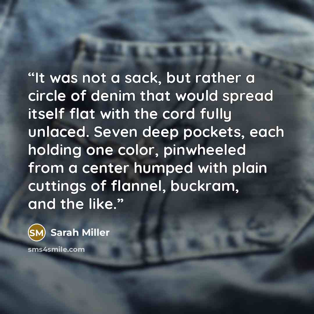 “It was not a sack, but rather a circle of denim that would spread itself flat with the cord fully unlaced. Seven deep pockets, each holding one color, pinwheeled from a center humped with plain cuttings of flannel, buckram, and the like.” quote by Sarah Miller