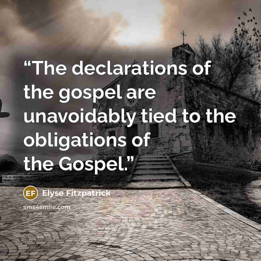 “The declarations of the gospel are unavoidably tied to the obligations of the Gospel.” quote by Elyse Fitzpatrick