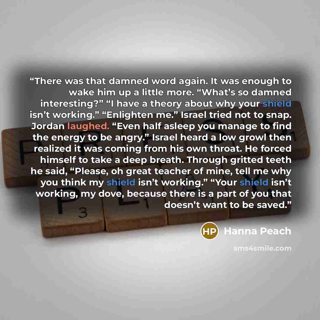“There was that damned word again. It was enough to wake him up a little more. “What’s so damned interesting?” “I have a theory about why your shield isn’t working.” “Enlighten me.” Israel tried not to snap. Jordan laughed. “Even half asleep you manage to find the energy to be angry.” Israel heard…” quote by Hanna Peach