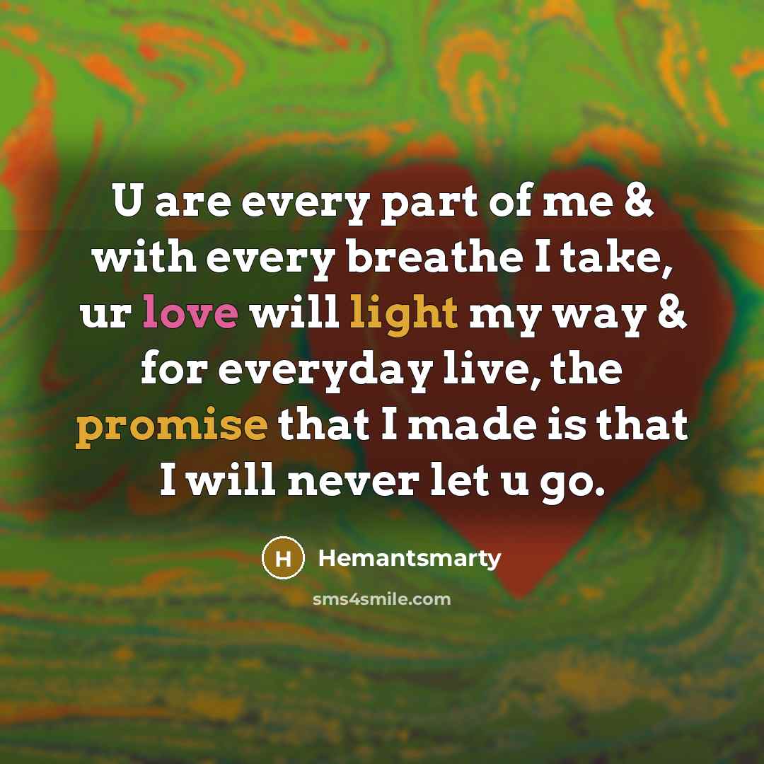 “U are every part of me & with every breathe I take, ur love will light my way & for everyday live, the promise that I made is that I will never let u go.” quote by Hemantsmarty