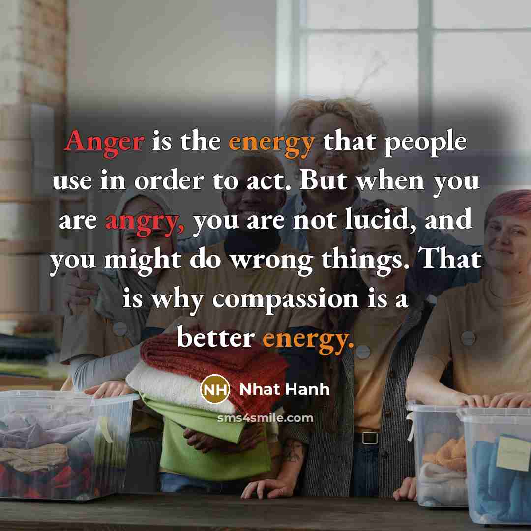 “Anger is the energy that people use in order to act. But when you are angry, you are not lucid, and you might do wrong things. That is why compassion is a better energy.” quote by Nhat Hanh