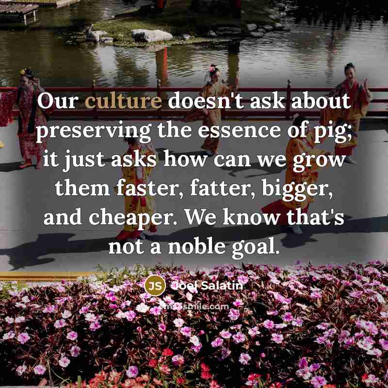 “Our culture doesn't ask about preserving the essence of pig;…” quote by Joel Salatin