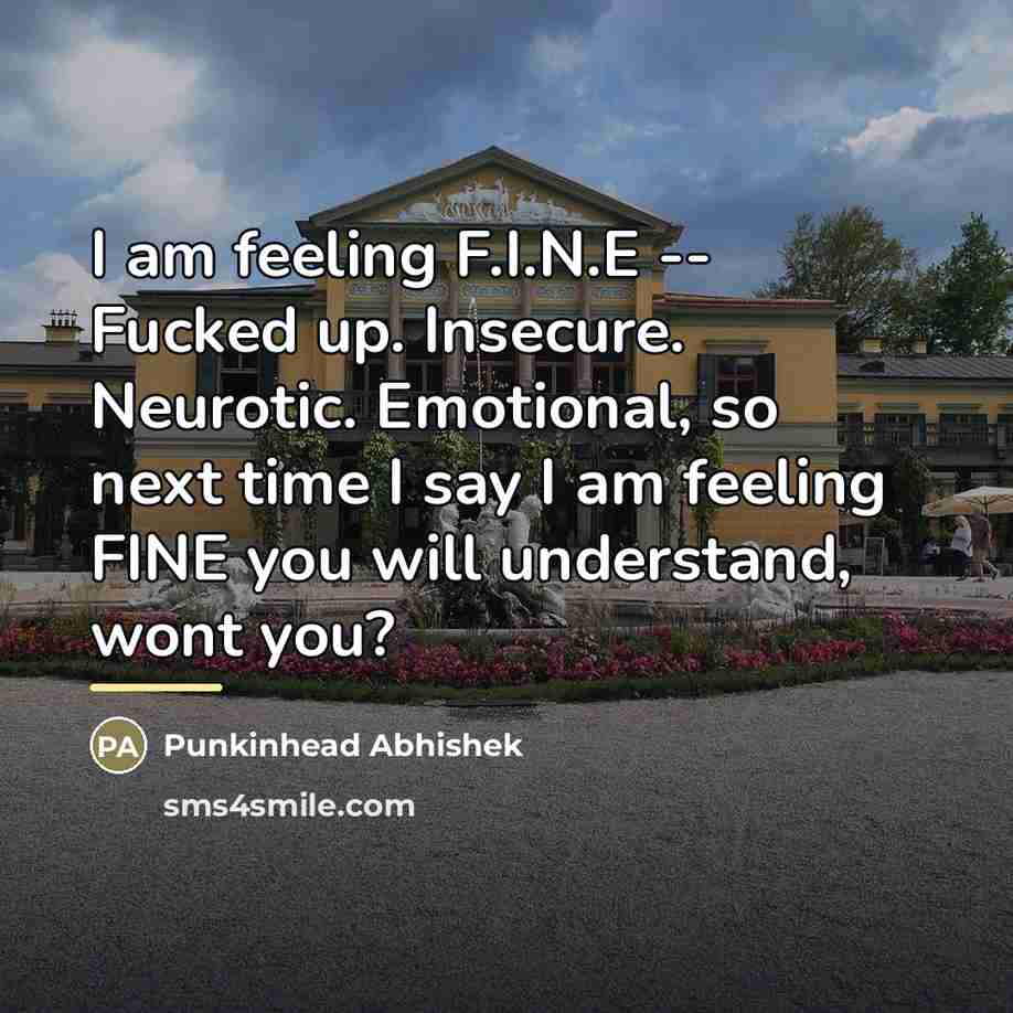 “I am feeling F.I.N.E -- Fucked up. Insecure. Neurotic. Emotional,…” quote by Punkinhead Abhishek