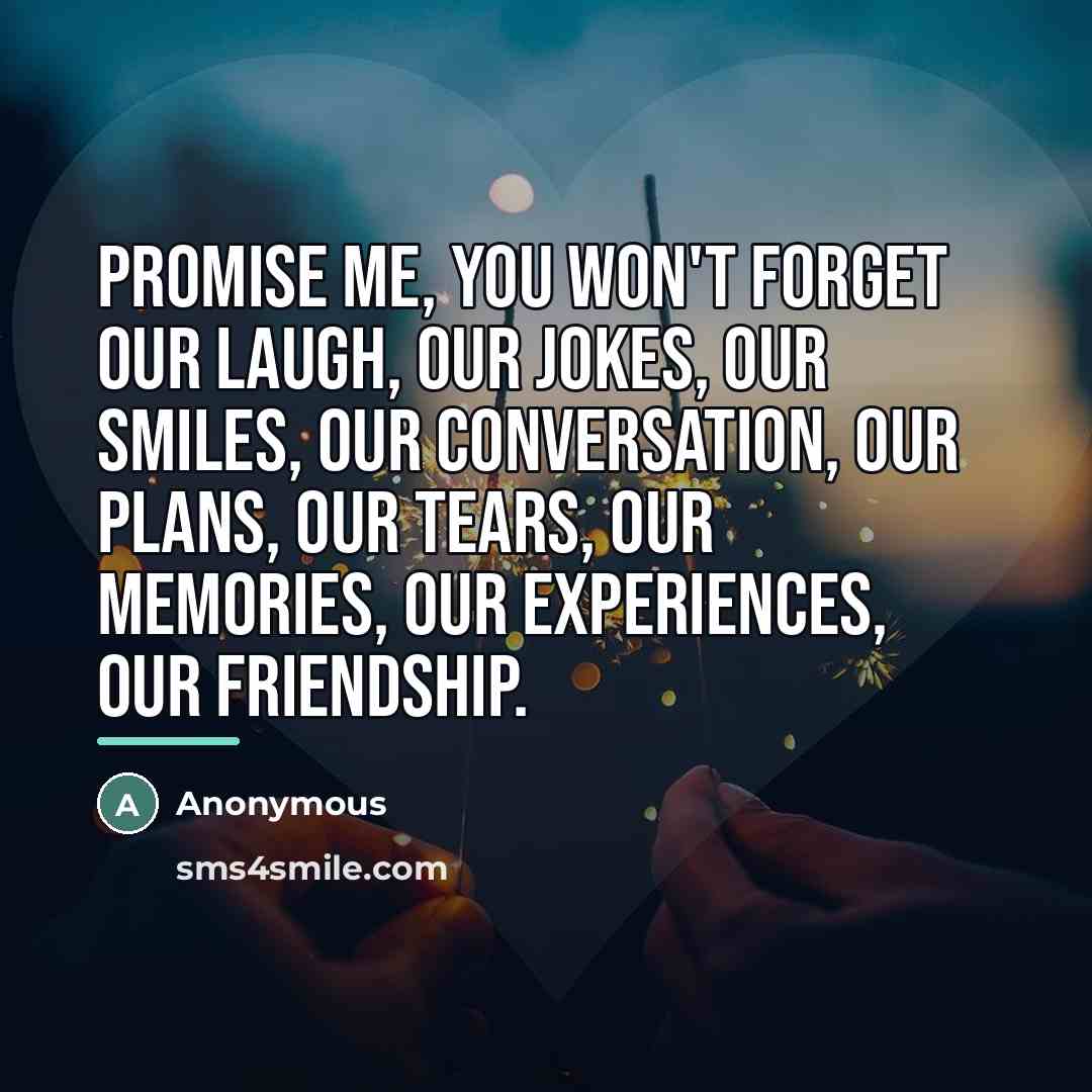 “Promise me, you won't forget our laugh, our jokes, our…” quote by Anonymous