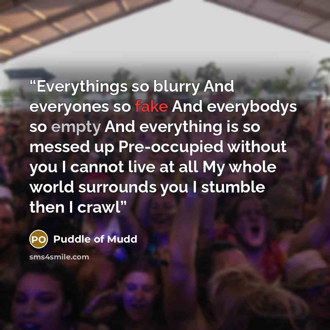 “Everythings so blurry And everyones so fake And everybodys so empty And everything is so messed up Pre-occupied without you I cannot live at all My whole world surrounds you I stumble then I crawl” quote by Puddle of Mudd