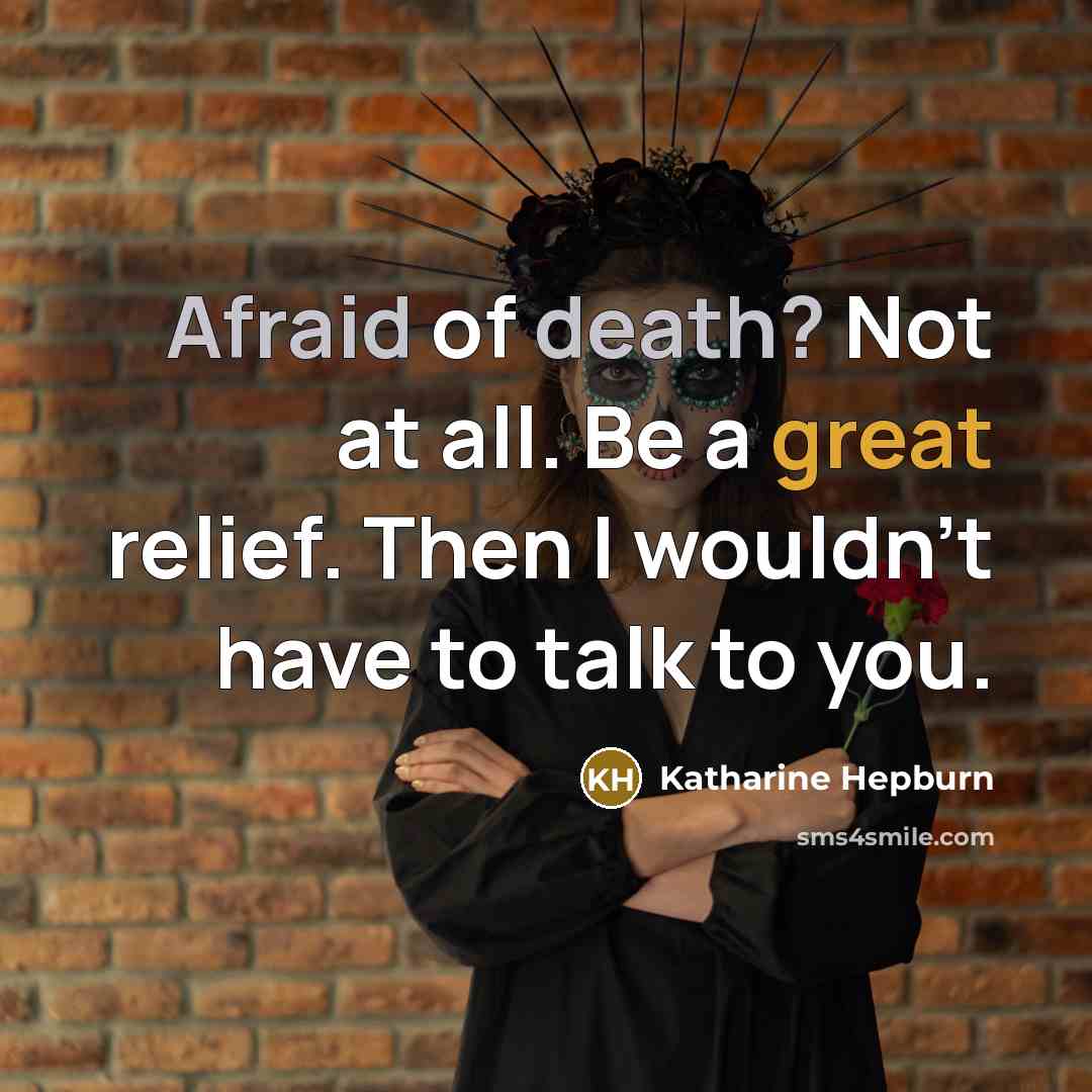 “Afraid of death? Not at all. Be a great relief. Then I wouldn't have to talk to you.” quote by Katharine Hepburn