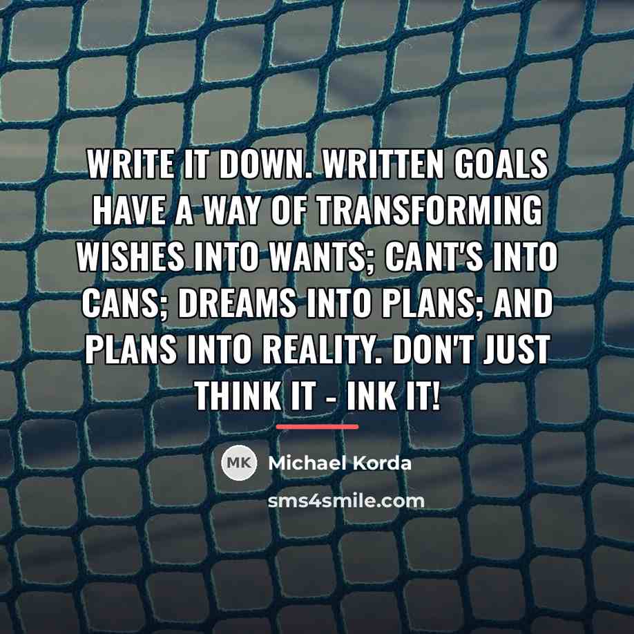“Write it down. Written goals have a way of transforming…” quote by Michael Korda