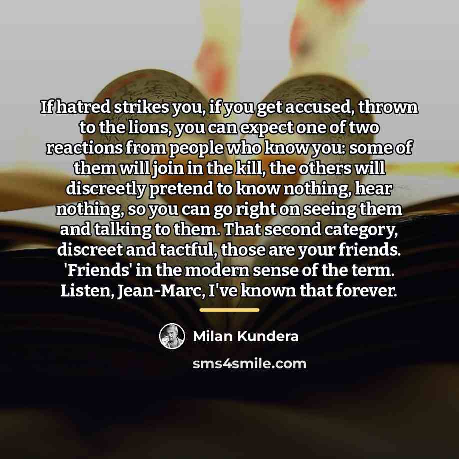 “If hatred strikes you, if you get accused, thrown to…” quote by Milan Kundera
