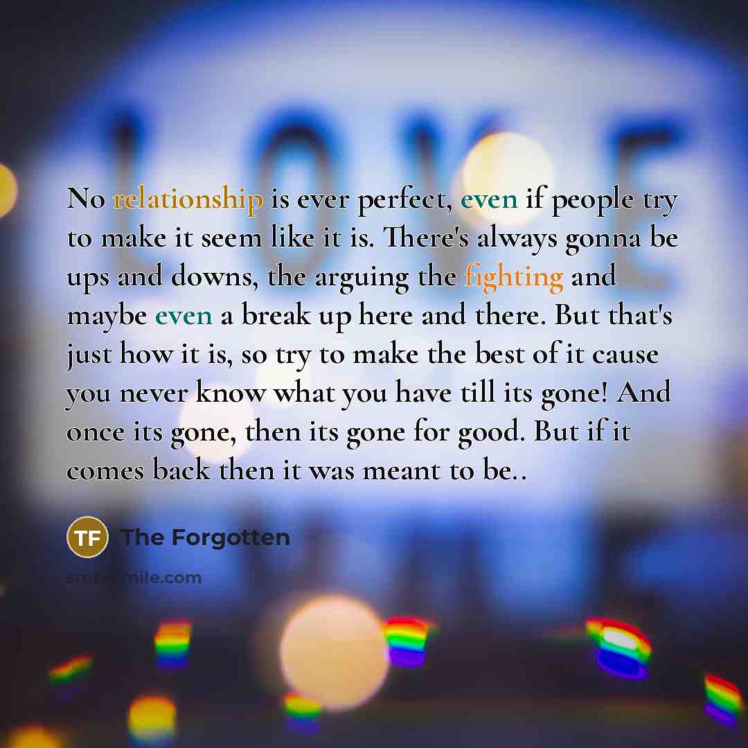 “No relationship is ever perfect, even if people try to make it seem like it is. There's always gonna be ups and downs, the arguing the fighting and maybe even a break up here and there. But that's just how it is, so try to make the best of it cause you never know what you have till its gone! And…” quote by The Forgotten