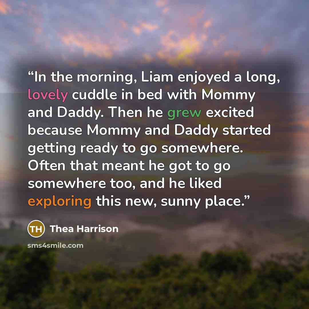 “In the morning, Liam enjoyed a long, lovely cuddle in bed with Mommy and Daddy. Then he grew excited because Mommy and Daddy started getting ready to go somewhere. Often that meant he got to go somewhere too, and he liked exploring this new, sunny place.” quote by Thea Harrison
