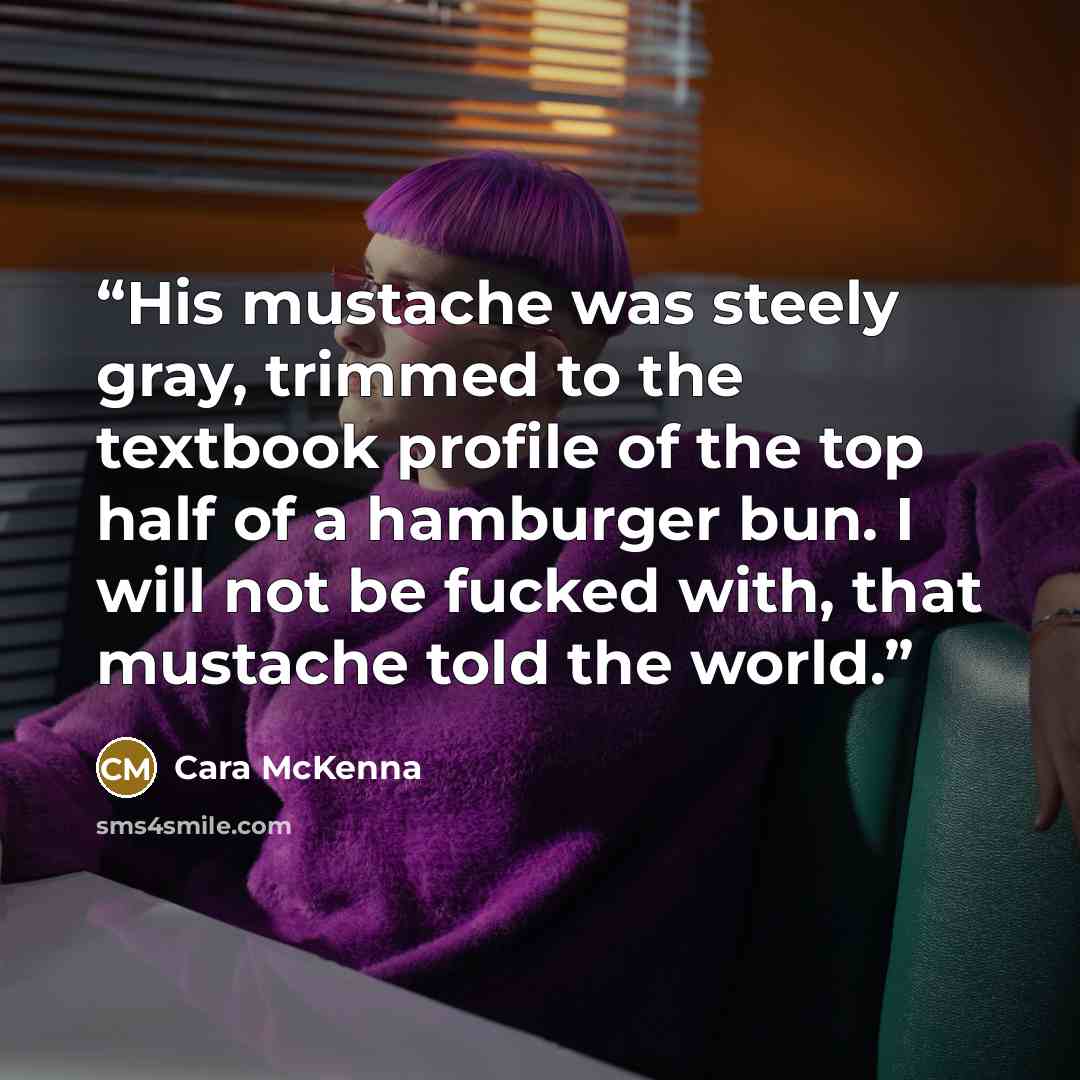 “His mustache was steely gray, trimmed to the textbook profile of the top half of a hamburger bun. I will not be fucked with, that mustache told the world.” quote by Cara McKenna