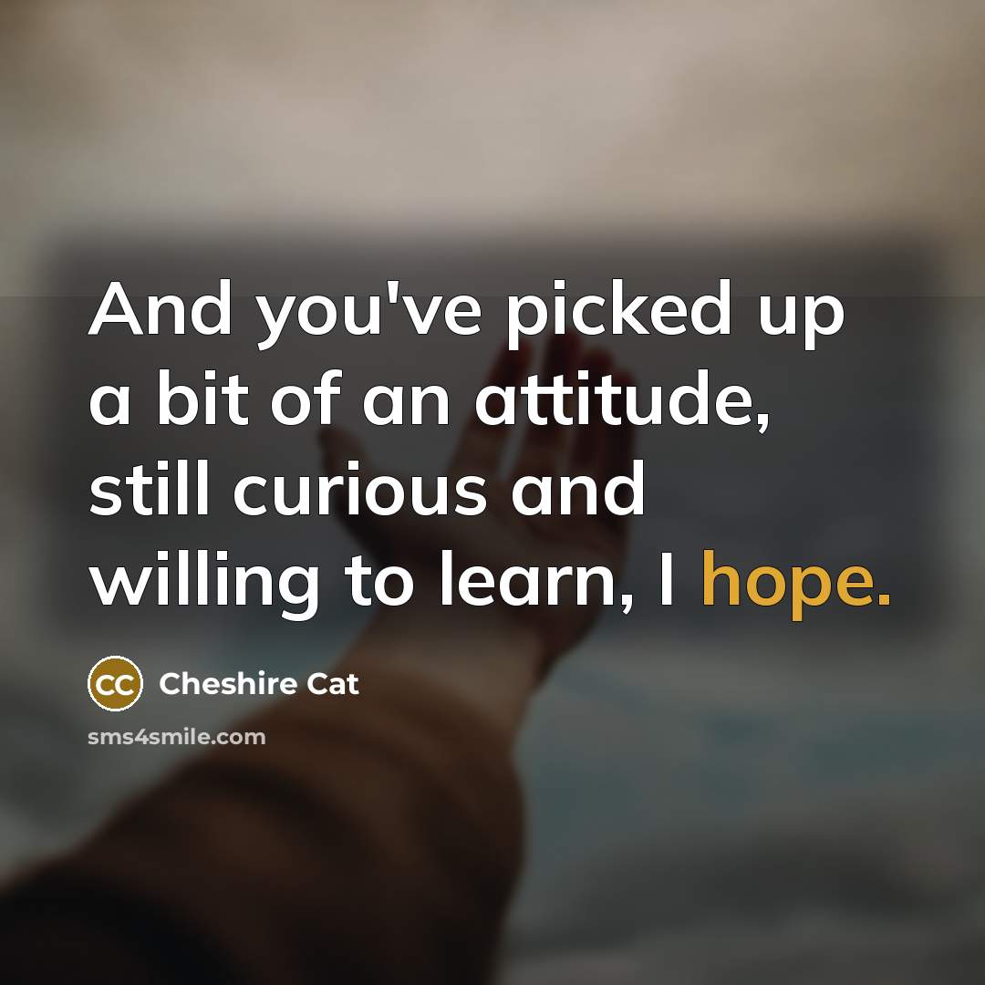 “And you've picked up a bit of an attitude, still curious and willing to learn, I hope.” quote by Cheshire Cat