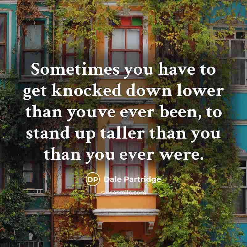 “Sometimes you have to get knocked down lower than youve ever been, to stand up taller than you than you ever were.” quote by Dale Partridge