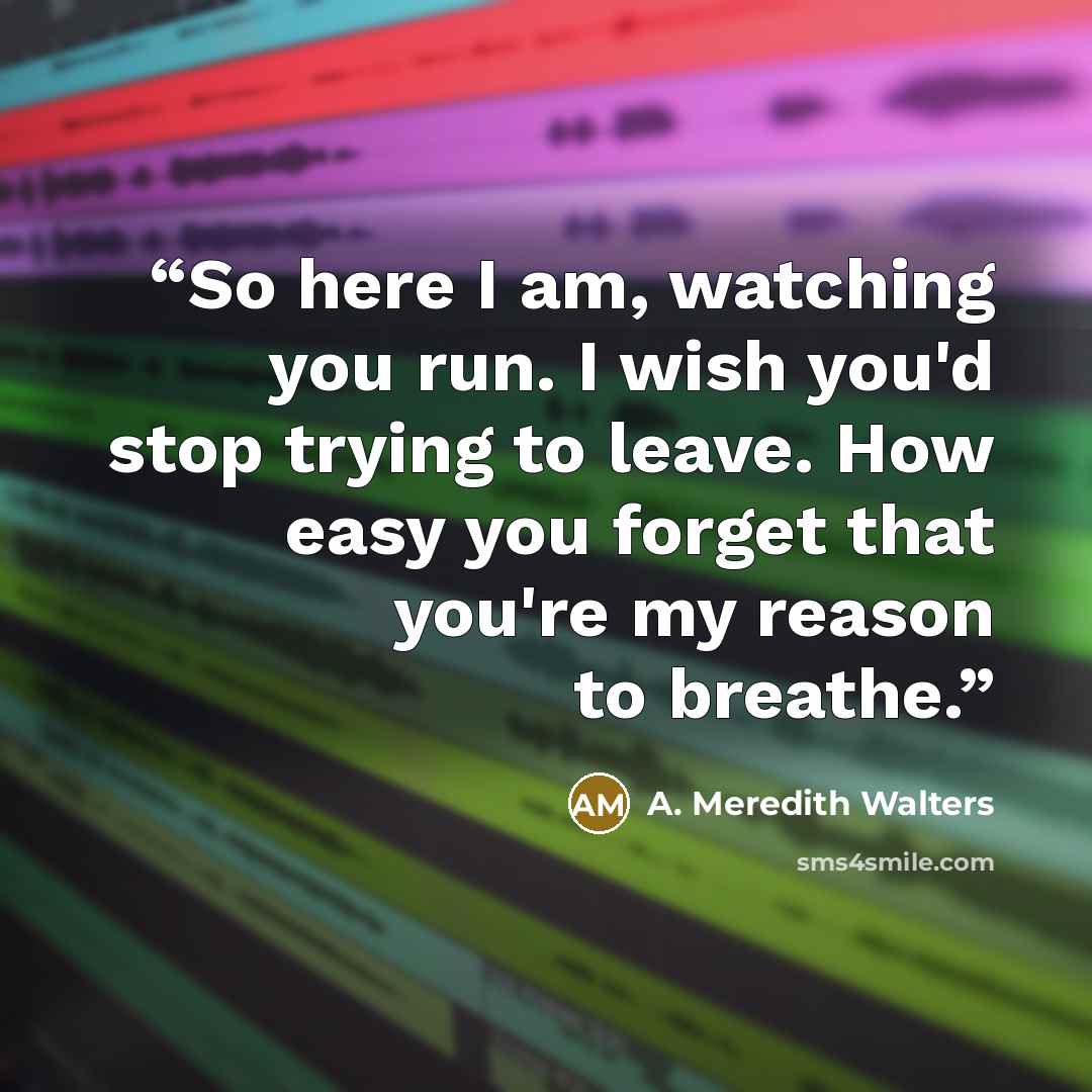 “So here I am, watching you run. I wish you'd stop trying to leave. How easy you forget that you're my reason to breathe.” quote by A. Meredith Walters