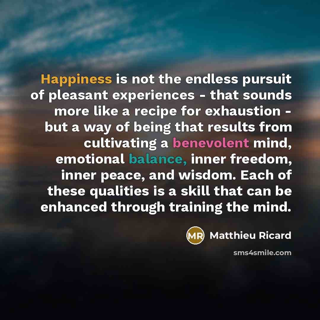 “Happiness is not the endless pursuit of pleasant experiences -…” quote by Matthieu Ricard