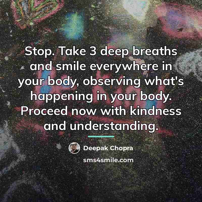 “Stop. Take 3 deep breaths and smile everywhere in your…” quote by Deepak Chopra