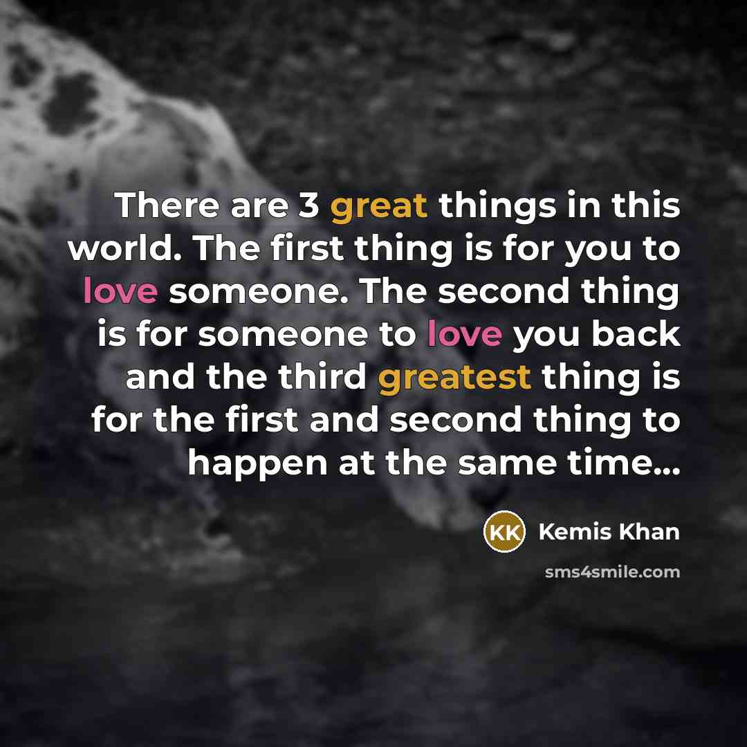 “There are 3 great things in this world. The first thing is for you to love someone. The second thing is for someone to love you back and the third greatest thing is for the first and second thing to happen at the same time...” quote by Kemis Khan