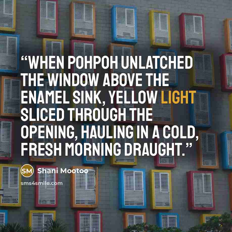“When Pohpoh unlatched the window above the enamel sink, yellow light sliced through the opening, hauling in a cold, fresh morning draught.” quote by Shani Mootoo