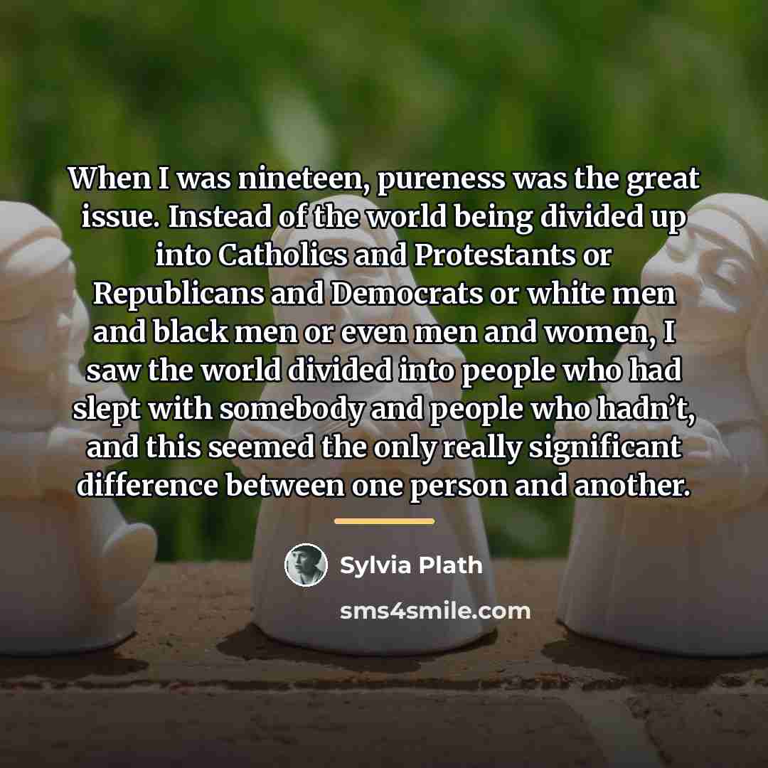 “When I was nineteen, pureness was the great issue. Instead…” quote by Sylvia Plath