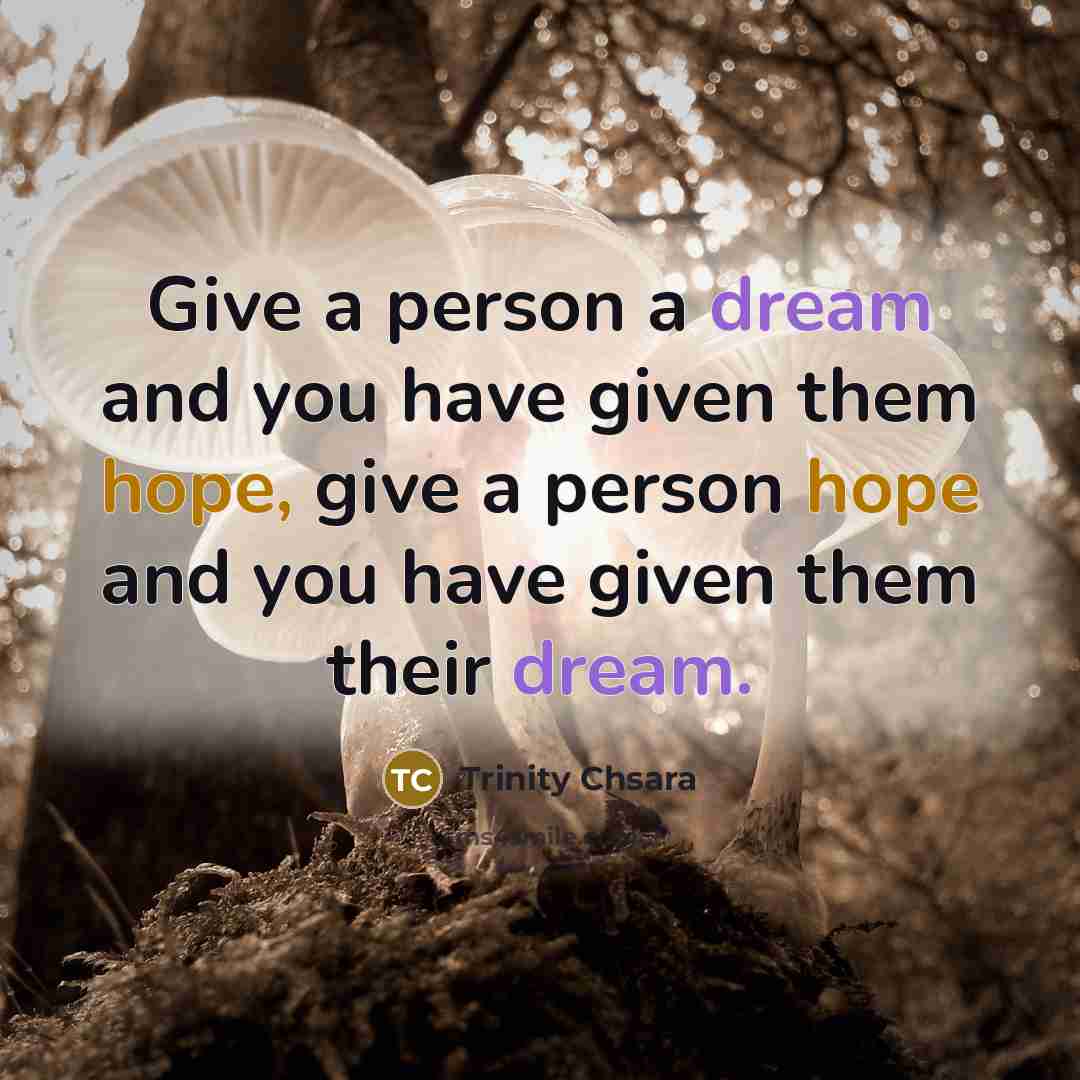 “Give a person a dream and you have given them hope, give a person hope and you have given them their dream.” quote by Trinity Chsara