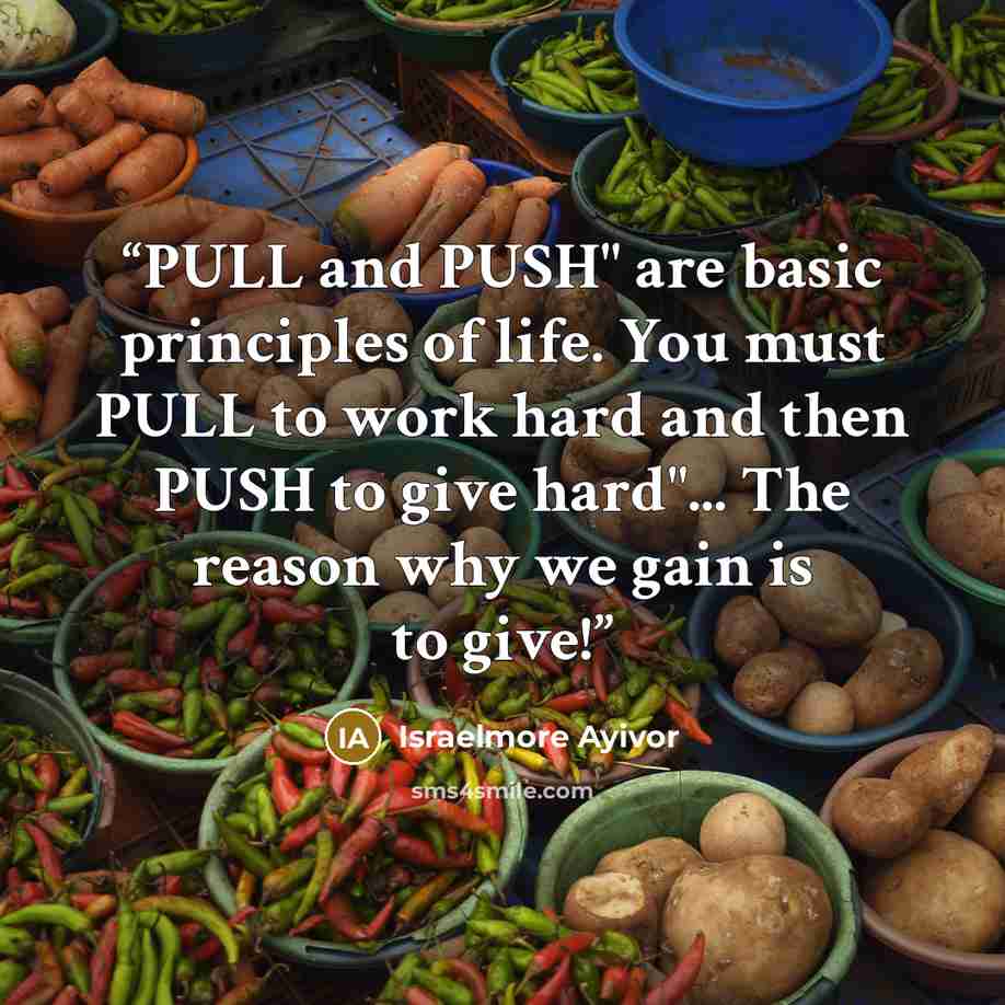 “PULL and PUSH" are basic principles of life. You must PULL to work hard and then PUSH to give hard"... The reason why we gain is to give!” quote by Israelmore Ayivor