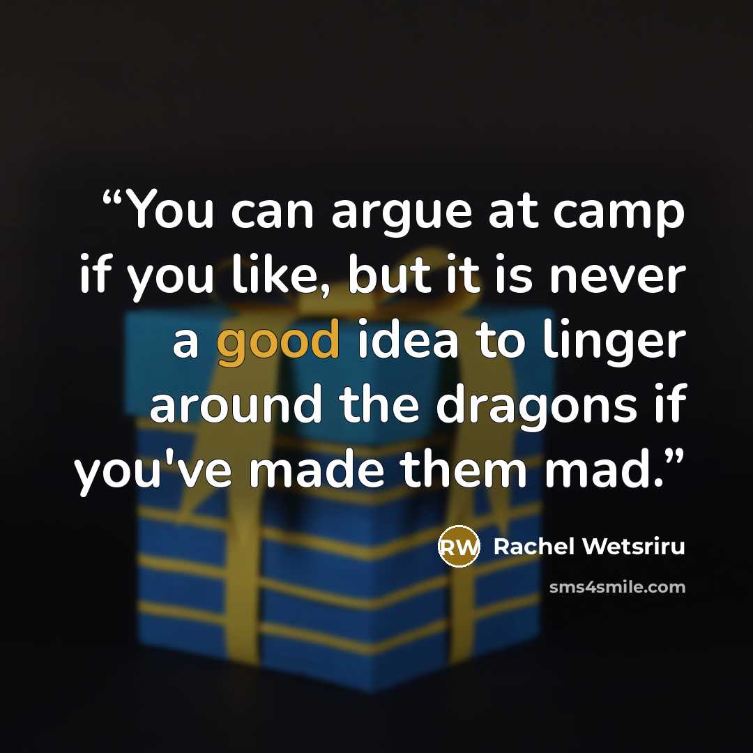“You can argue at camp if you like, but it is never a good idea to linger around the dragons if you've made them mad.” quote by Rachel Wetsriru