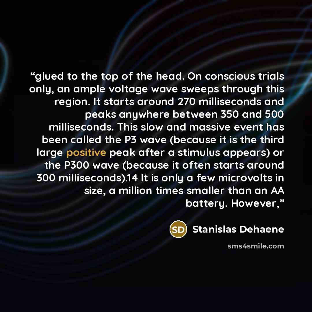 “glued to the top of the head. On conscious trials only, an ample voltage wave sweeps through this region. It starts around 270 milliseconds and peaks anywhere between 350 and 500 milliseconds. This slow and massive event has been called the P3 wave (because it is the third large positive peak…” quote by Stanislas Dehaene