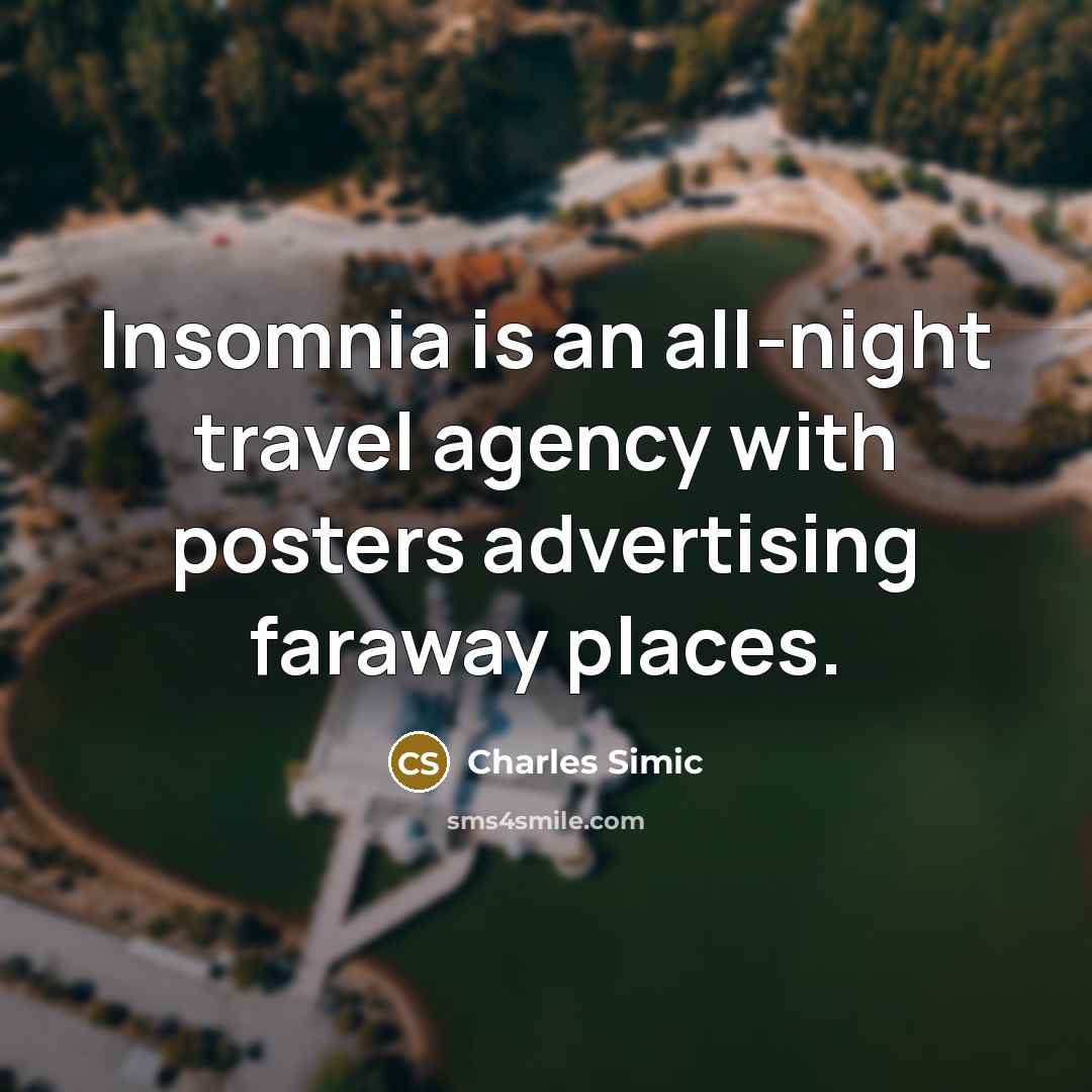 “Insomnia is an all-night travel agency with posters advertising faraway…” quote by Charles Simic