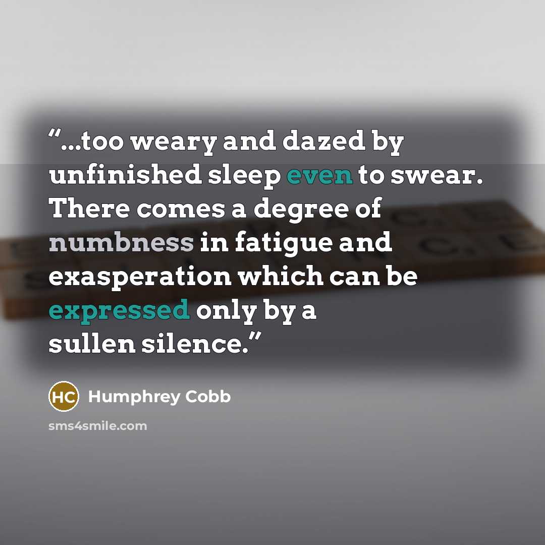 “...too weary and dazed by unfinished sleep even to swear. There comes a degree of numbness in fatigue and exasperation which can be expressed only by a sullen silence.” quote by Humphrey Cobb