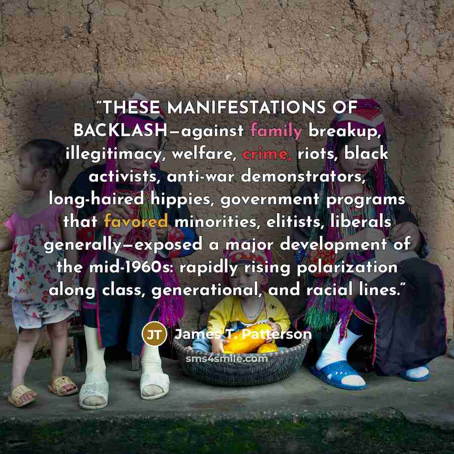 “THESE MANIFESTATIONS OF BACKLASH—against family breakup, illegitimacy, welfare, crime, riots, black activists, anti-war demonstrators, long-haired hippies, government programs that favored minorities, elitists, liberals generally—exposed a major development of the mid-1960s: rapidly rising…” quote by James T. Patterson
