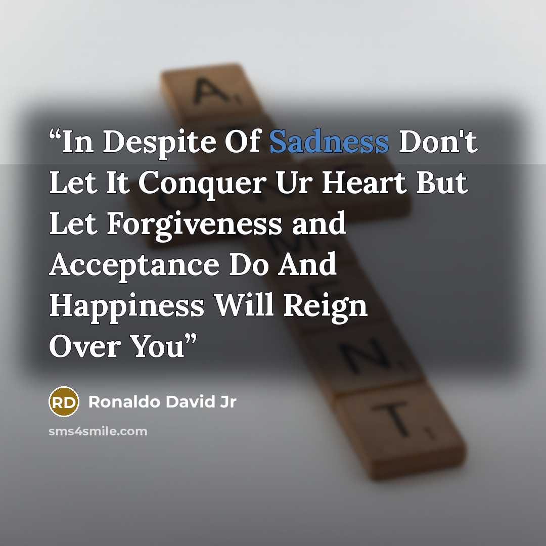 “In Despite Of Sadness Don't Let It Conquer Ur Heart But Let Forgiveness and Acceptance Do And Happiness Will Reign Over You” quote by Ronaldo David Jr