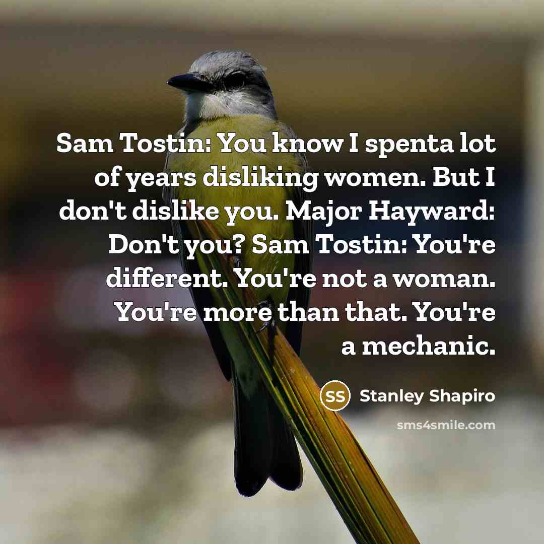 “Sam Tostin: You know I spenta lot of years disliking women. But I don't dislike you. Major Hayward: Don't you? Sam Tostin: You're different. You're not a woman. You're more than that. You're a mechanic.” quote by Stanley Shapiro
