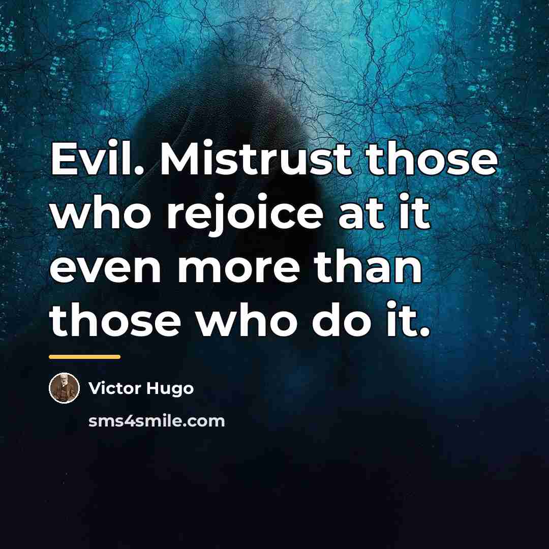 “Evil. Mistrust those who rejoice at it even more than…” quote by Victor Hugo