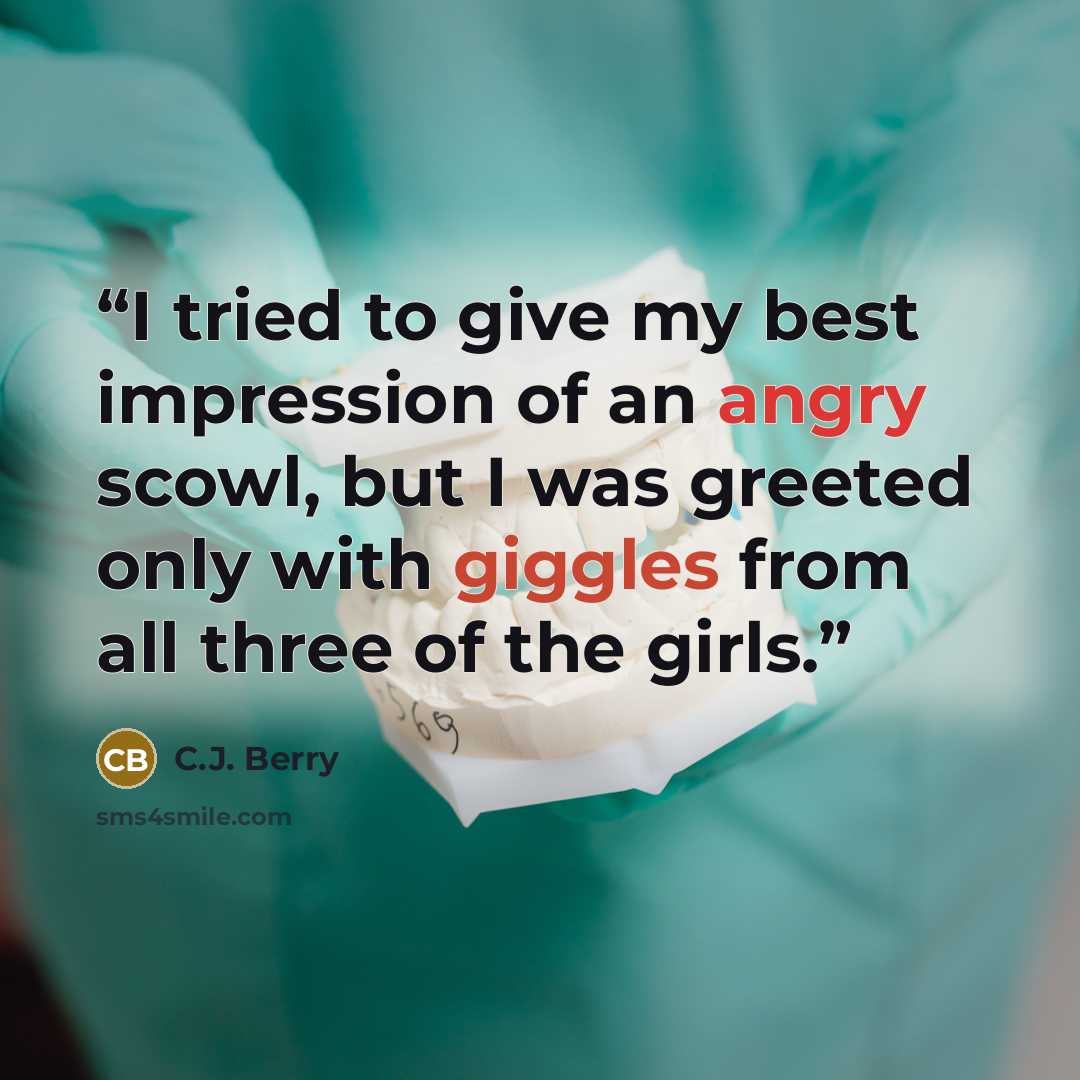 “I tried to give my best impression of an angry scowl, but I was greeted only with giggles from all three of the girls.” quote by C.J. Berry