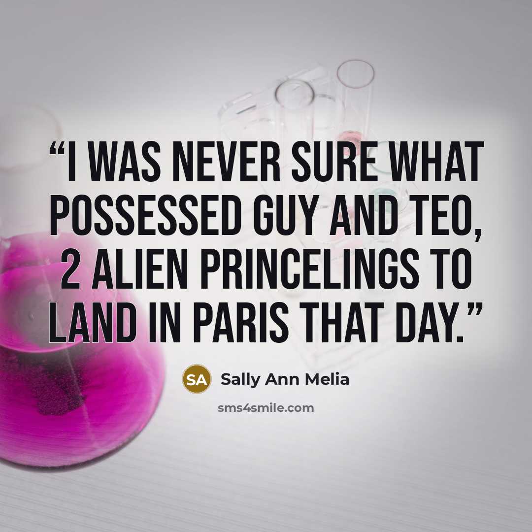 “I was never sure what possessed Guy and Teo, 2 alien princelings to land in Paris that day.” quote by Sally Ann Melia