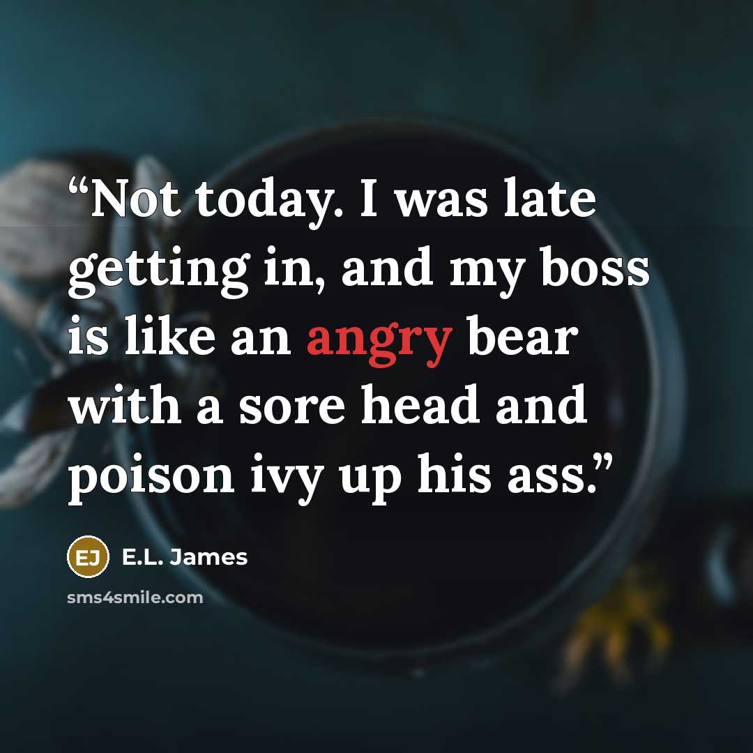“Not today. I was late getting in, and my boss is like an angry bear with a sore head and poison ivy up his ass.” quote by E.L. James