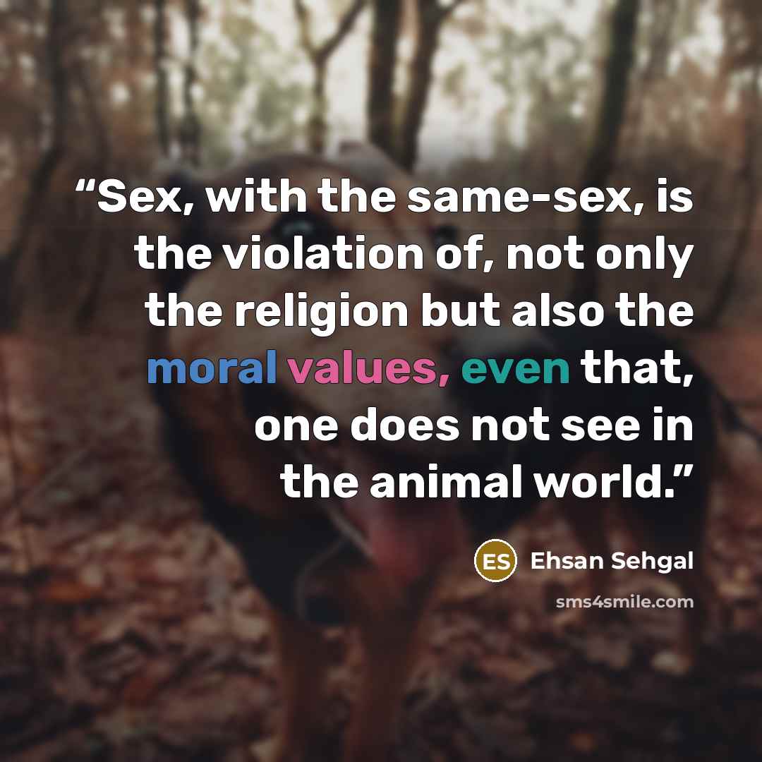 “Sex, with the same-sex, is the violation of, not only the religion but also the moral values, even that, one does not see in the animal world.” quote by Ehsan Sehgal