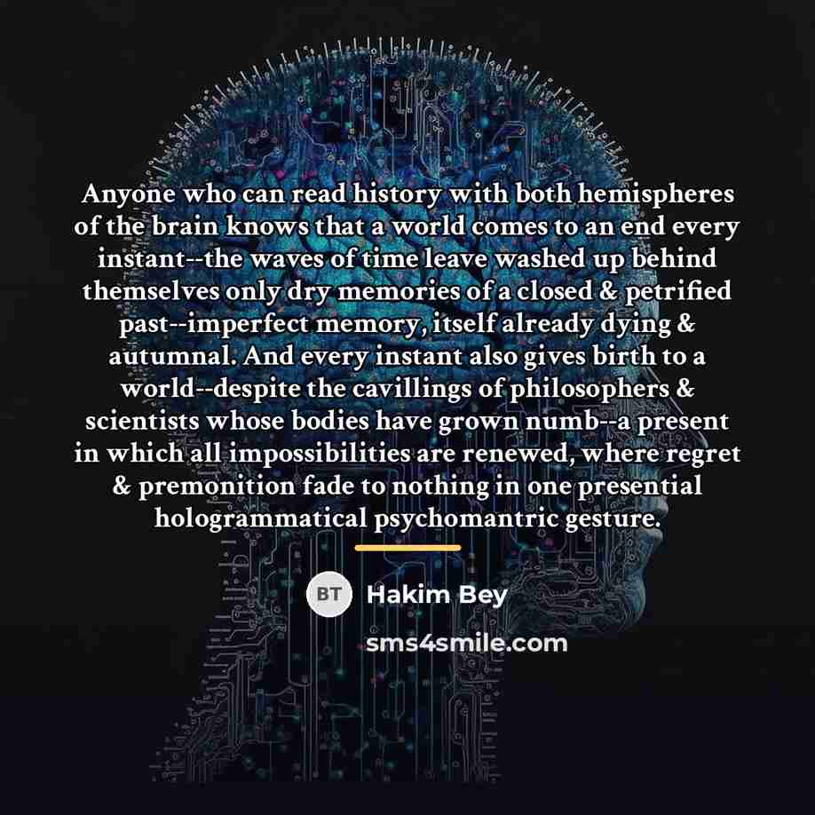 “Anyone who can read history with both hemispheres of the…” quote by Hakim Bey